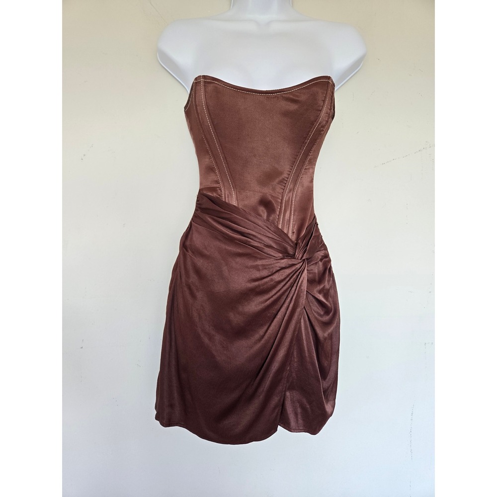 Zara Brown Satin Corset Mini Dress Draped Knot Front Contrast Stitching M